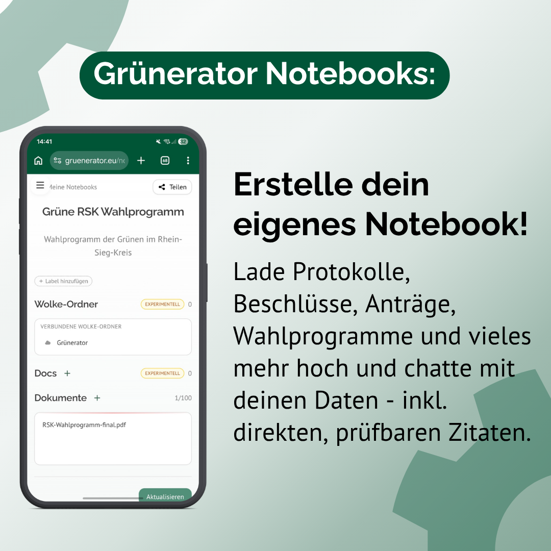 Grünerator Notebooks – Erstelle dein eigenes Notebook: Werbegrafik mit Smartphone-Screenshot der Quellenliste eines Notebooks