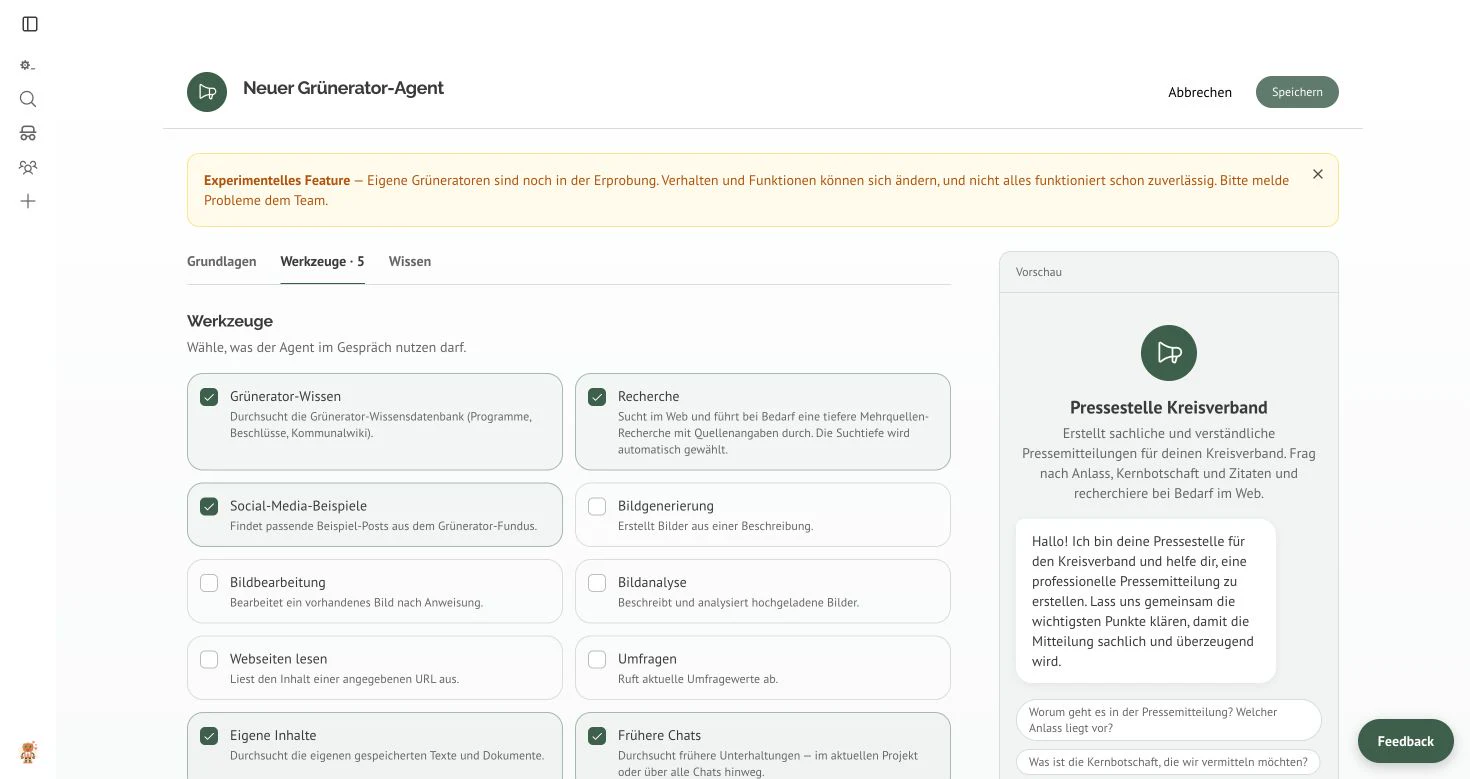 Der Tab Werkzeuge mit den aktivierten und verfügbaren Fähigkeiten des Agenten