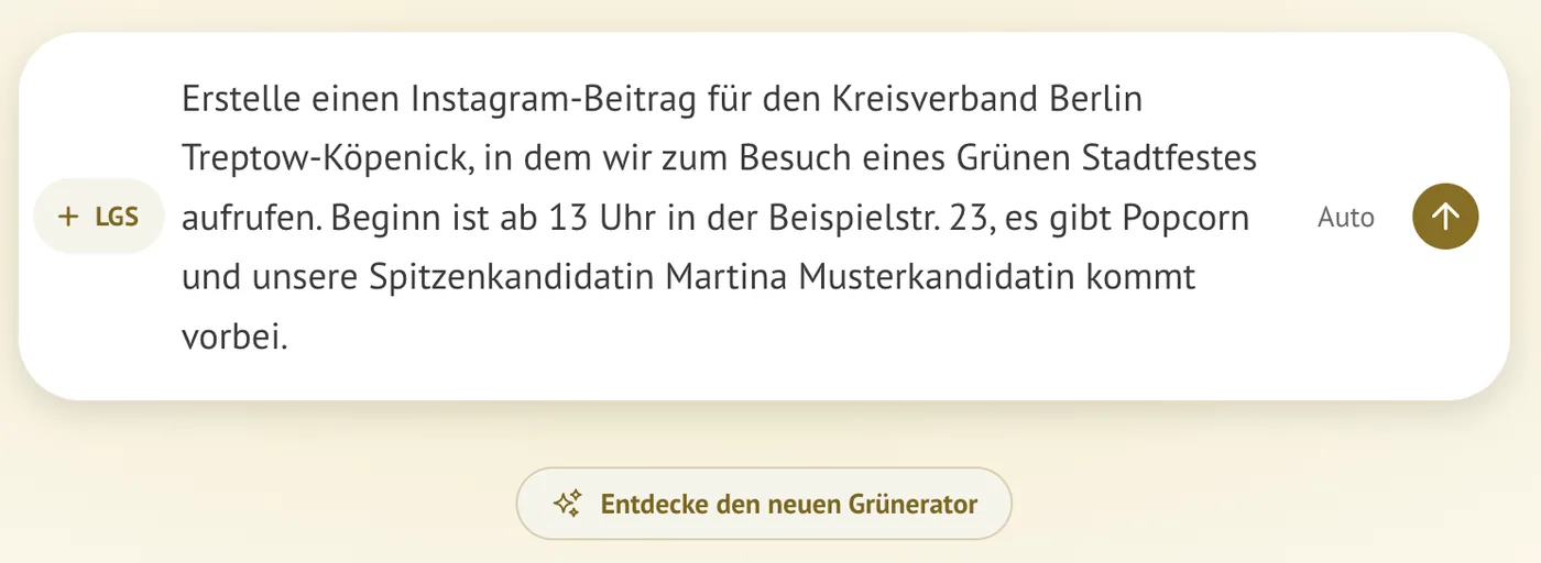 Derselbe Auftrag im Eingabefeld des Grünerators, noch nicht abgeschickt