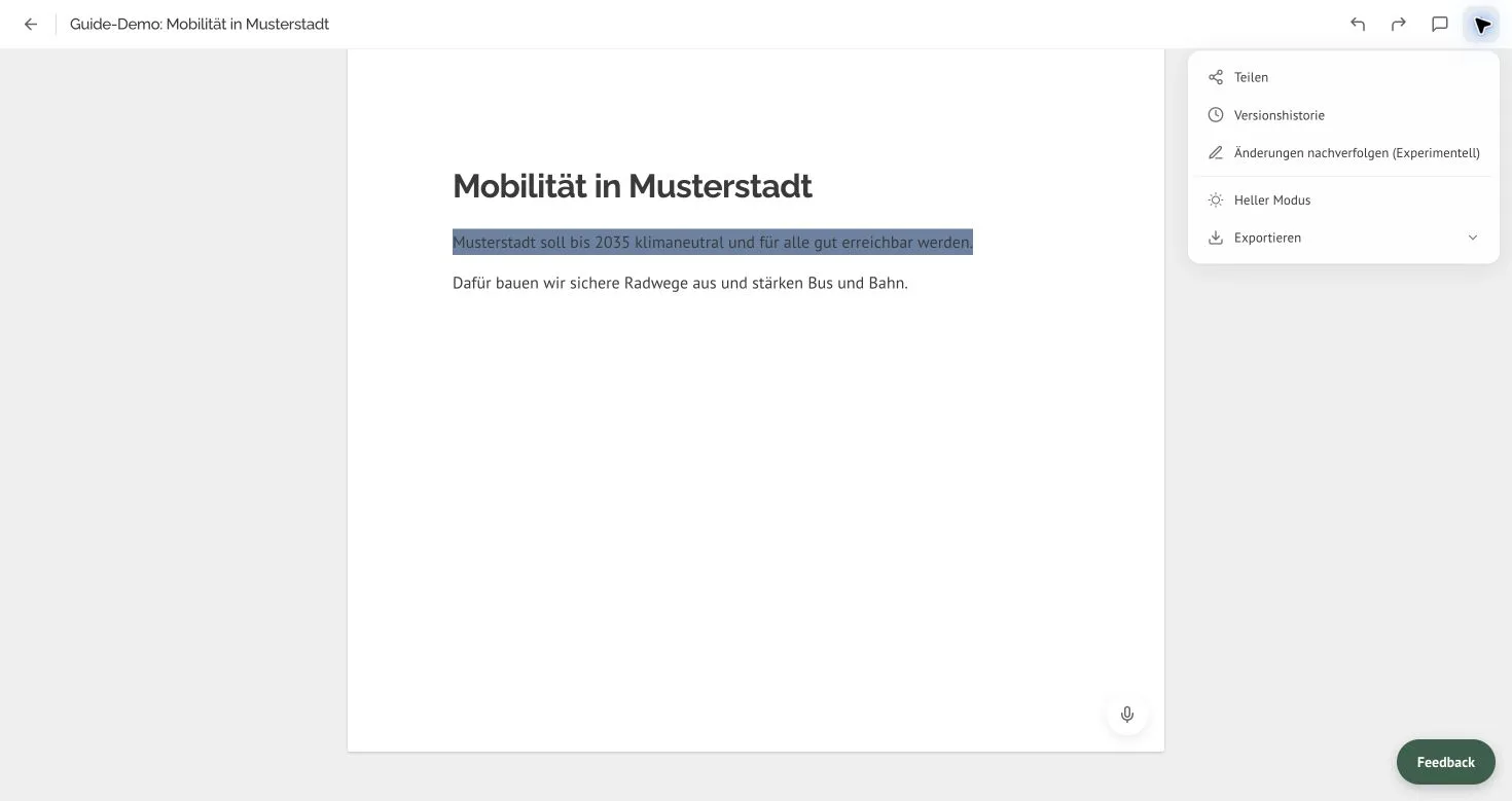 Menü „Mehr Aktionen“ mit dem Eintrag „Änderungen nachverfolgen (Experimentell)“