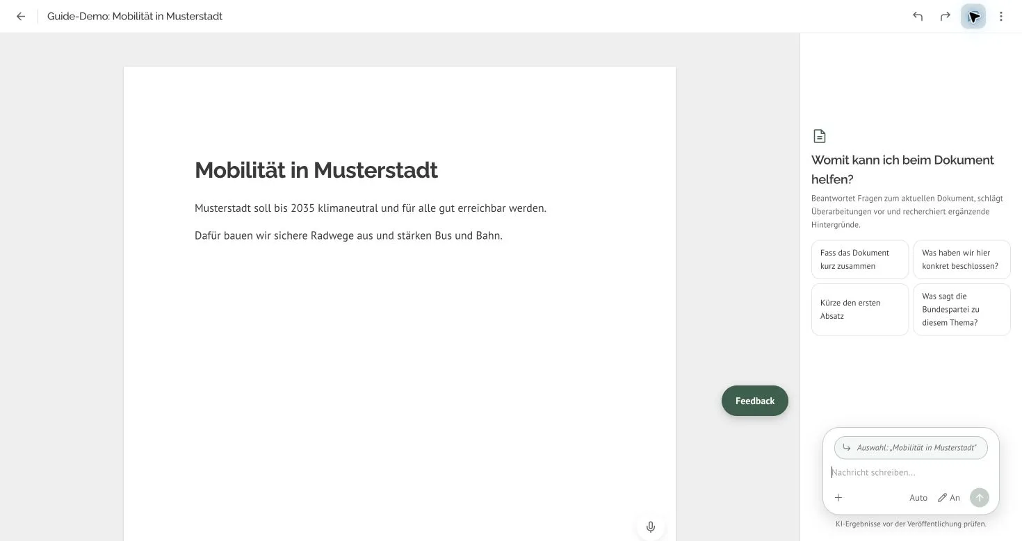 Geöffnetes Dokument mit Chat, markierter Textauswahl und eingeschalteter KI-Bearbeitung „An“