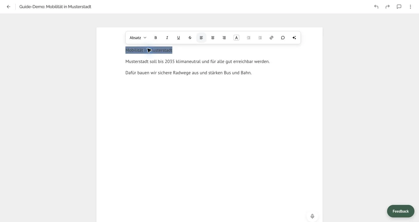 Markierter Text im Dokumenteditor mit der schwebenden Werkzeugleiste für Absatztyp, Formatierung, Ausrichtung, Link, Kommentar und KI