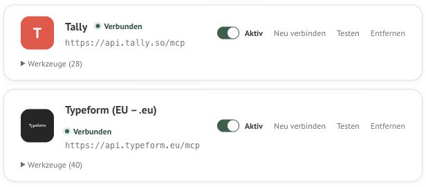 Aktive Tally- und Typeform-Verbindungen im Grünerator; sichtbar sind nur Konnektoren und öffentliche Serveradressen