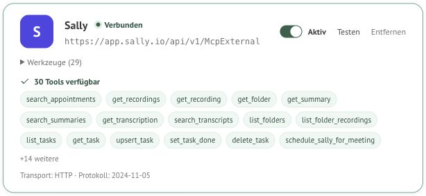 Sally-Konnektor im Grünerator mit aktivierter Verbindung und erfolgreichem Test; sichtbar sind ausschließlich Serveradresse und Werkzeugnamen