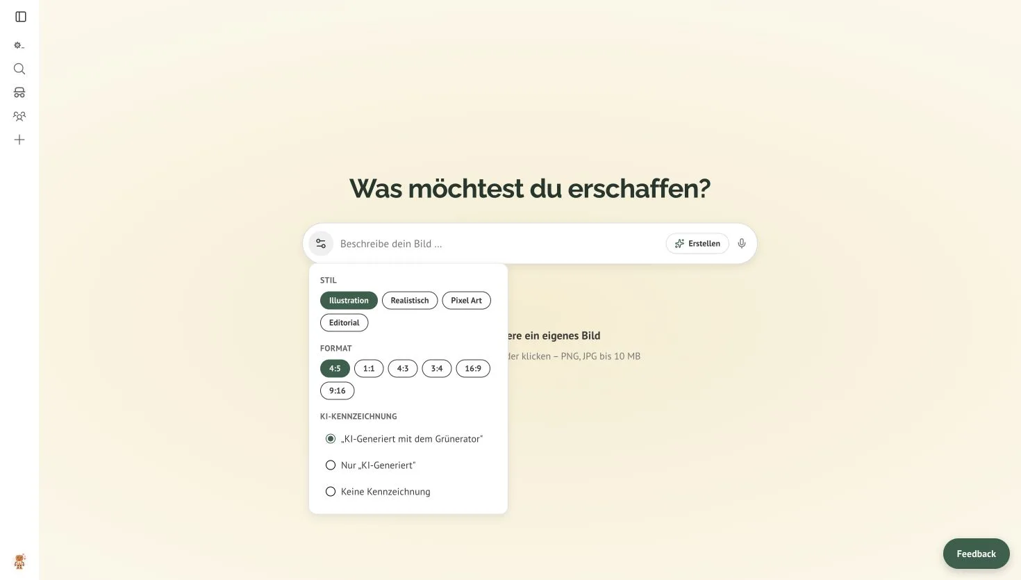 Geöffnete Einstellungen des KI-Bildeditors mit Stil, Format und KI-Kennzeichnung