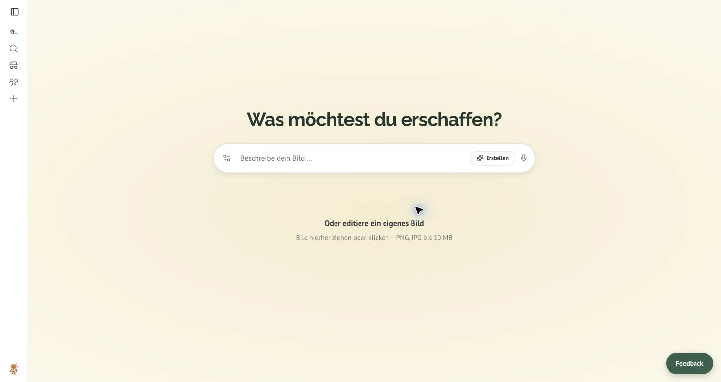 Startansicht des KI-Bildeditors mit Beschreibungsfeld und Upload für ein eigenes Bild