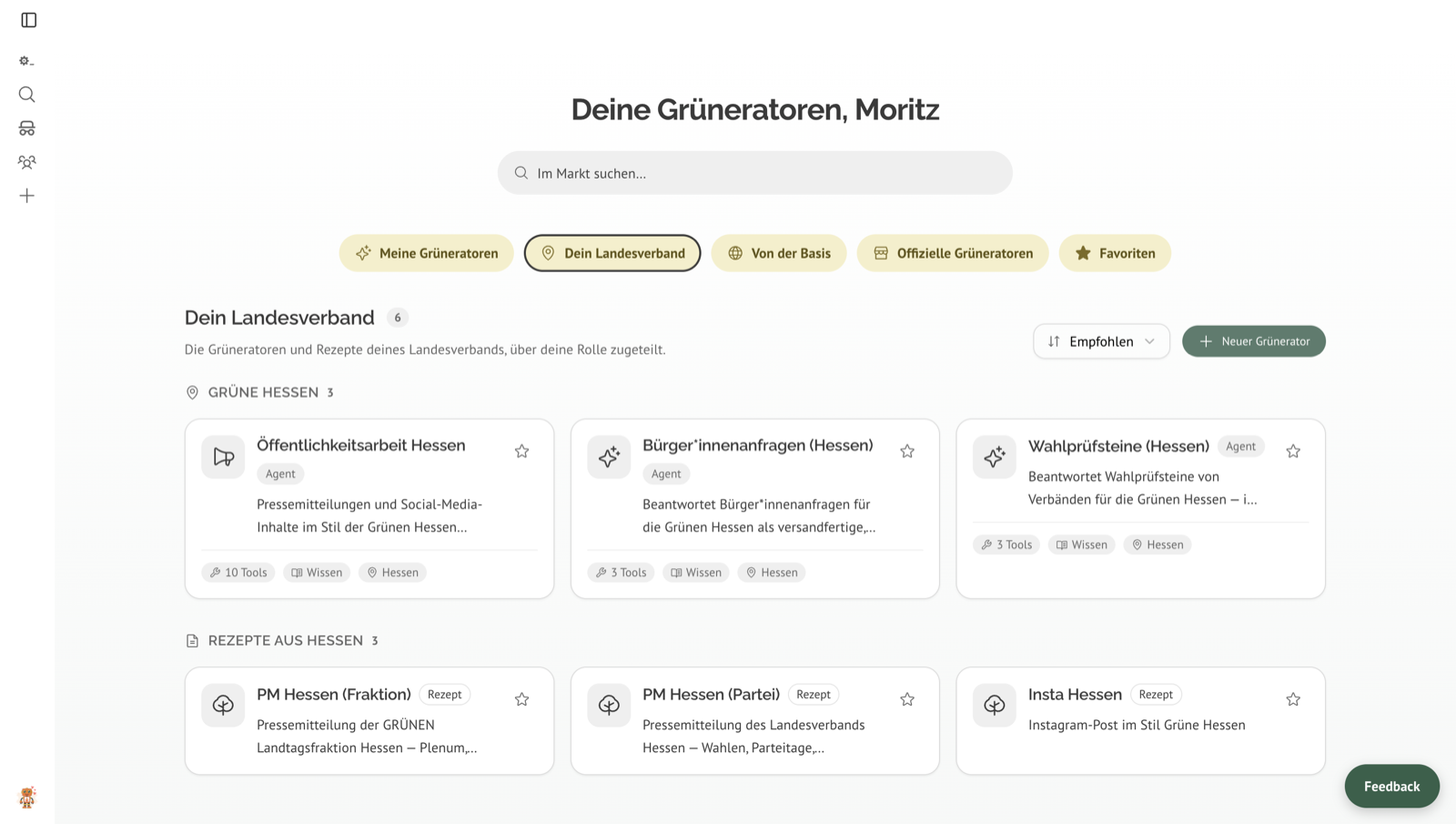Die Agentura mit ausgewähltem Regal „Grüne Hessen“ — der Reiter trägt den Namen des Landesverbands: die drei Agents Öffentlichkeitsarbeit, Bürger*innenanfragen und Wahlprüfsteine, darunter der Abschnitt „Rezepte aus Hessen“ mit PM Hessen (Fraktion), PM Hessen (Partei) und Insta Hessen.