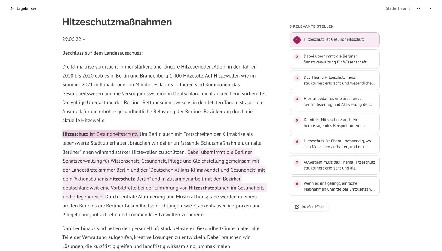 Der geöffnete Hitzeschutz-Beschluss mit markierten Suchtreffern und Fundstellen