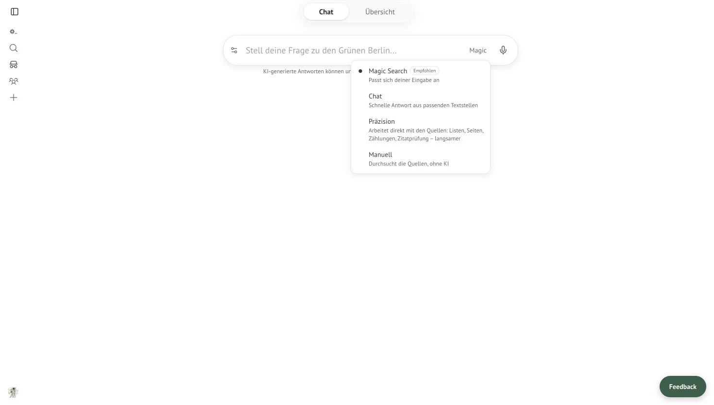 Das geöffnete Menü der Antwortmodi im Notebook Berlin mit Magic Search als empfohlener Auswahl