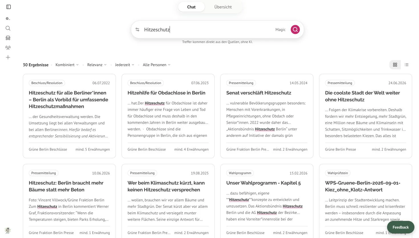 Magic Search zeigt im Notebook Berlin direkte Treffer zum Stichwort Hitzeschutz