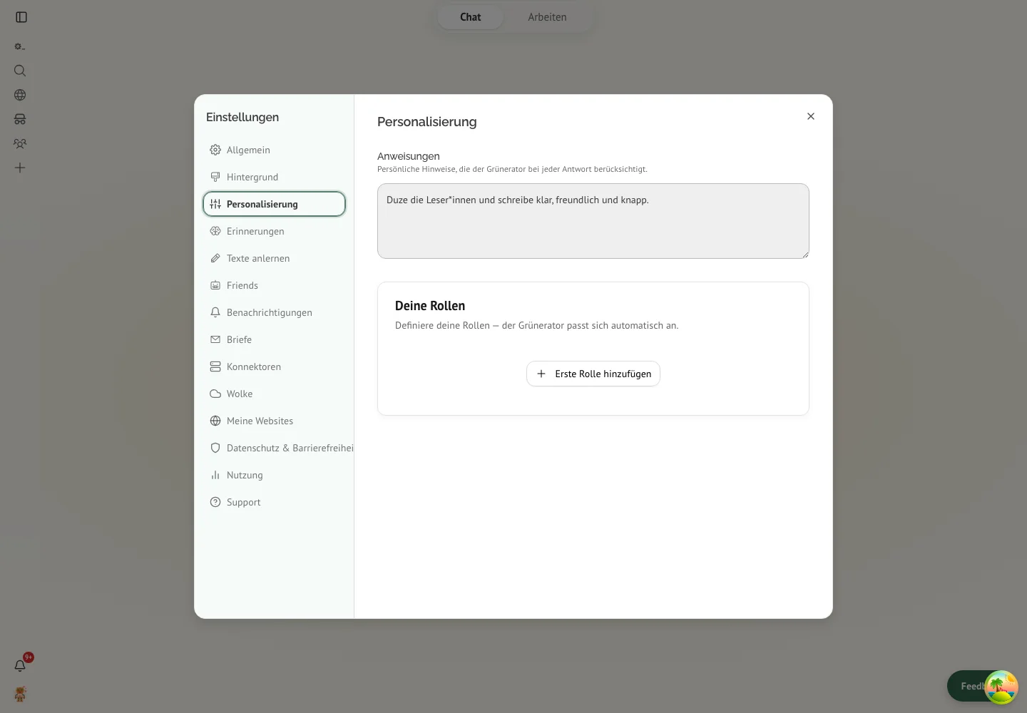 Die Einstellungen im Bereich Personalisierung: links der ausgewählte Menüpunkt, rechts das Feld Anweisungen und darunter Deine Rollen.