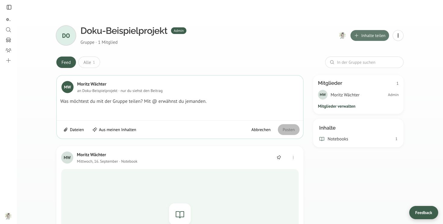 Geöffneter Beitragseditor mit Dateien und „Aus meinen Inhalten“