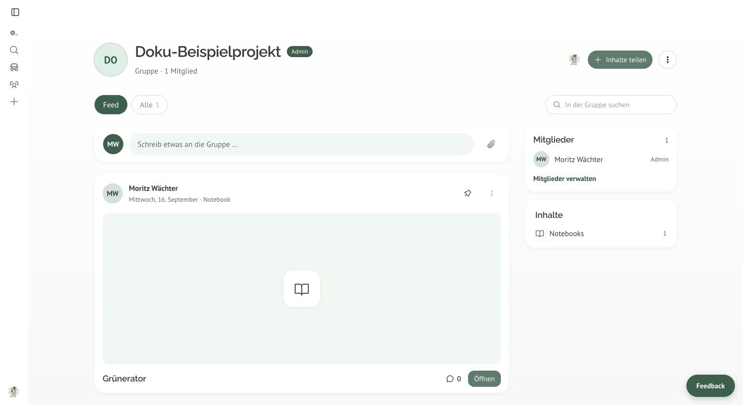 Projekt-Feed mit geteiltem Notebook, Beitragsfeld und Mitgliederübersicht