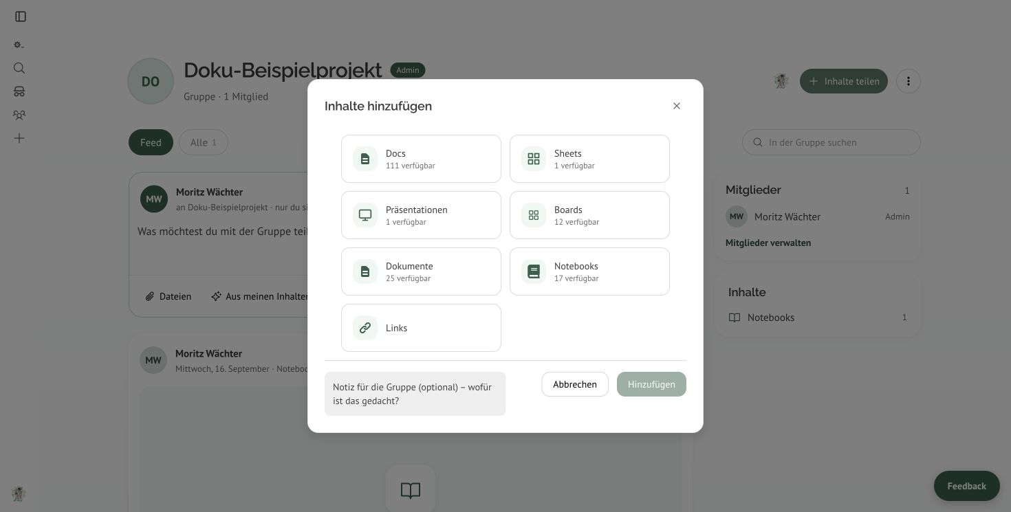 Inhaltsauswahl mit Notebooks und optionaler Notiz für die Gruppe