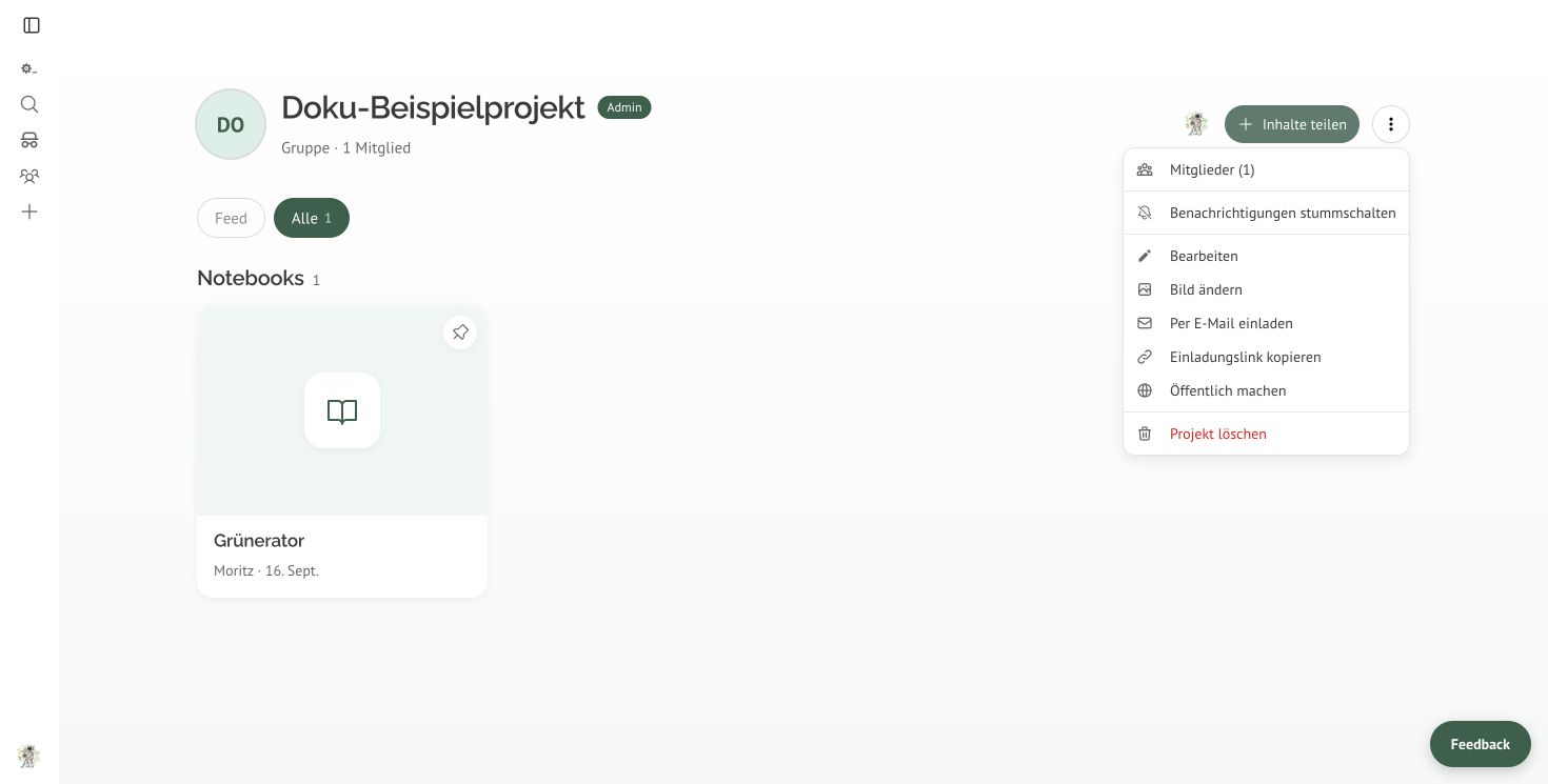 Aktionsmenü eines gemeinsamen Projekts mit „Einladungslink kopieren“