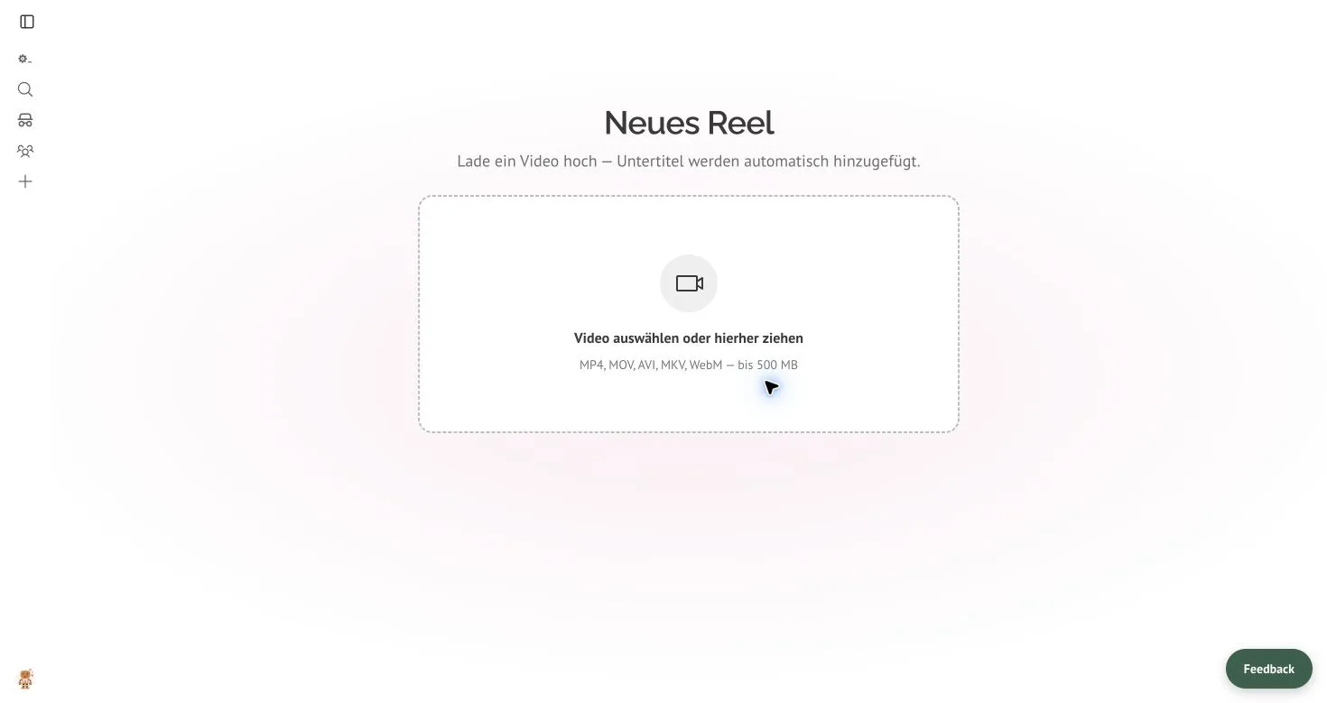 Uploadansicht des Reel-Studios mit unterstützten Videoformaten und 500-MB-Grenze