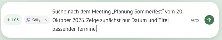 Sally-Mention im Grünerator-Eingabefeld mit einer fiktiven Meeting-Suche als ungesendetem Entwurf