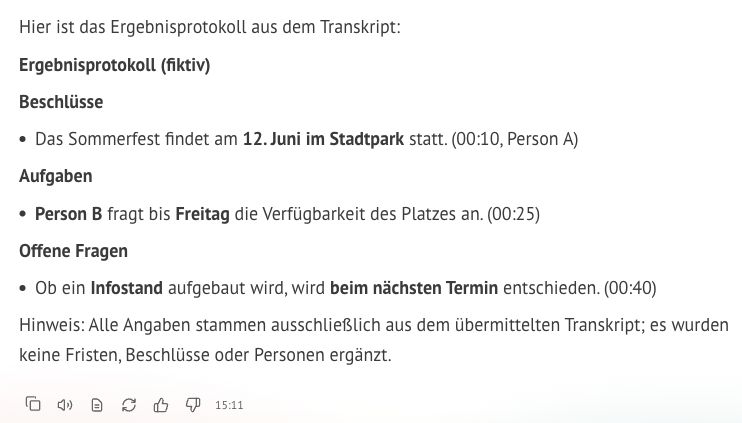 Echtes Chat-Ergebnis aus einem fiktiven Transkript: getrennte Beschlüsse, Aufgaben und offene Fragen mit Zeitstempeln