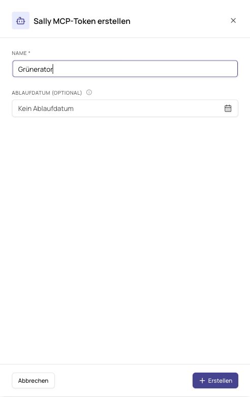 Sally MCP-Token erstellen: neutraler Beispielname Grünerator und optionales Ablaufdatum, ohne erzeugten Schlüssel
