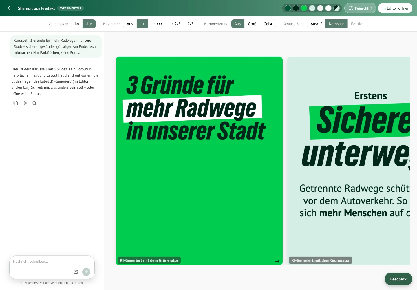 Sharepic-Creator mit Chat, Vorschau, Farbwahl und geöffnetem Feinschliff