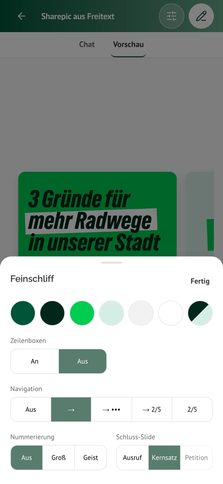 Sharepic-Creator im mobilen Web mit den Reitern Chat und Vorschau sowie geöffnetem Feinschliff