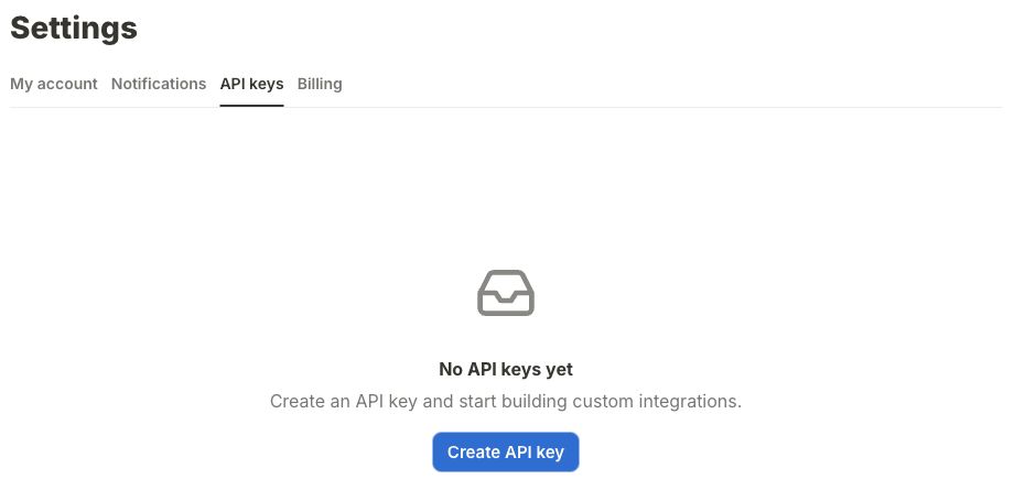 Tally-Einstellungen mit ausgewähltem Tab API keys und dem Einstieg Create API key; ohne persönliche Kontodaten oder Schlüssel