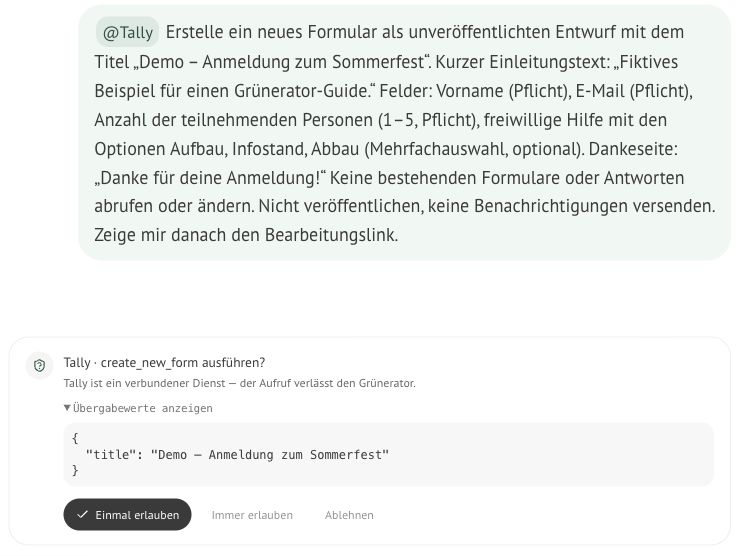 Tally-Auftrag im Chat und einmalige Freigabe für create_new_form mit dem neutralen Demo-Titel