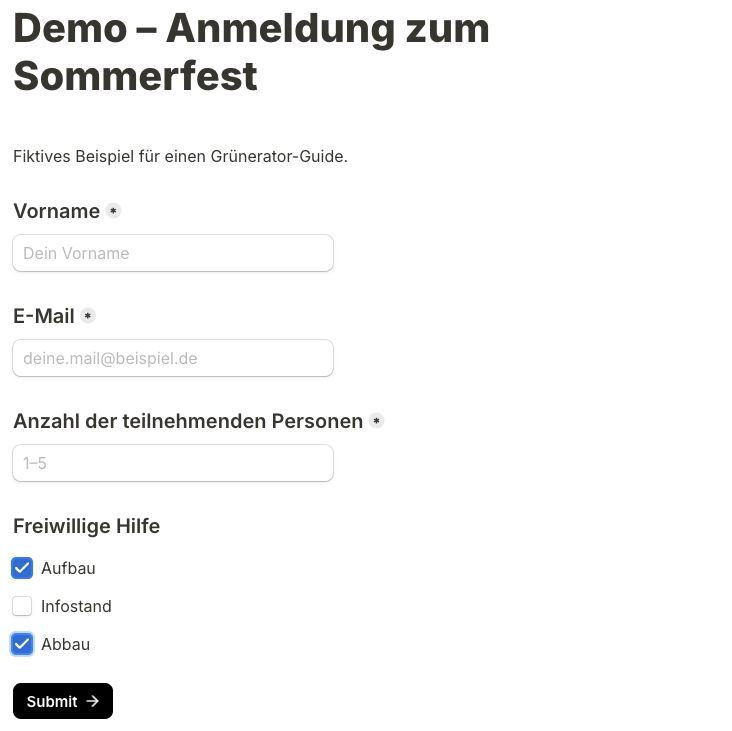 Vorschau des durch den Grünerator angelegten Tally-Demoformulars mit fiktiven Inhalten und zwei ausgewählten Hilfe-Optionen