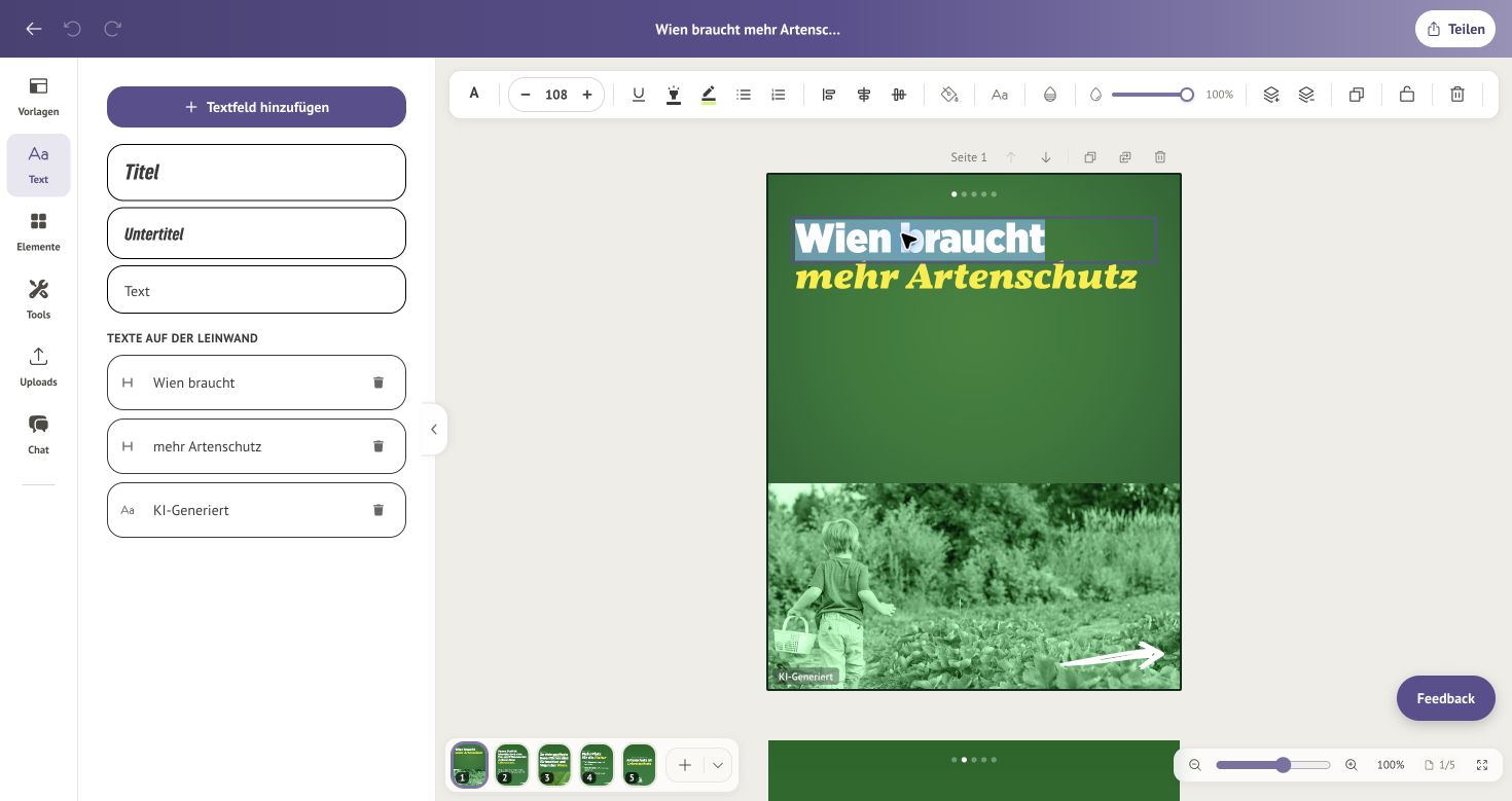 Direkte Texteingabe auf der Leinwand mit geöffneter Formatierungsleiste