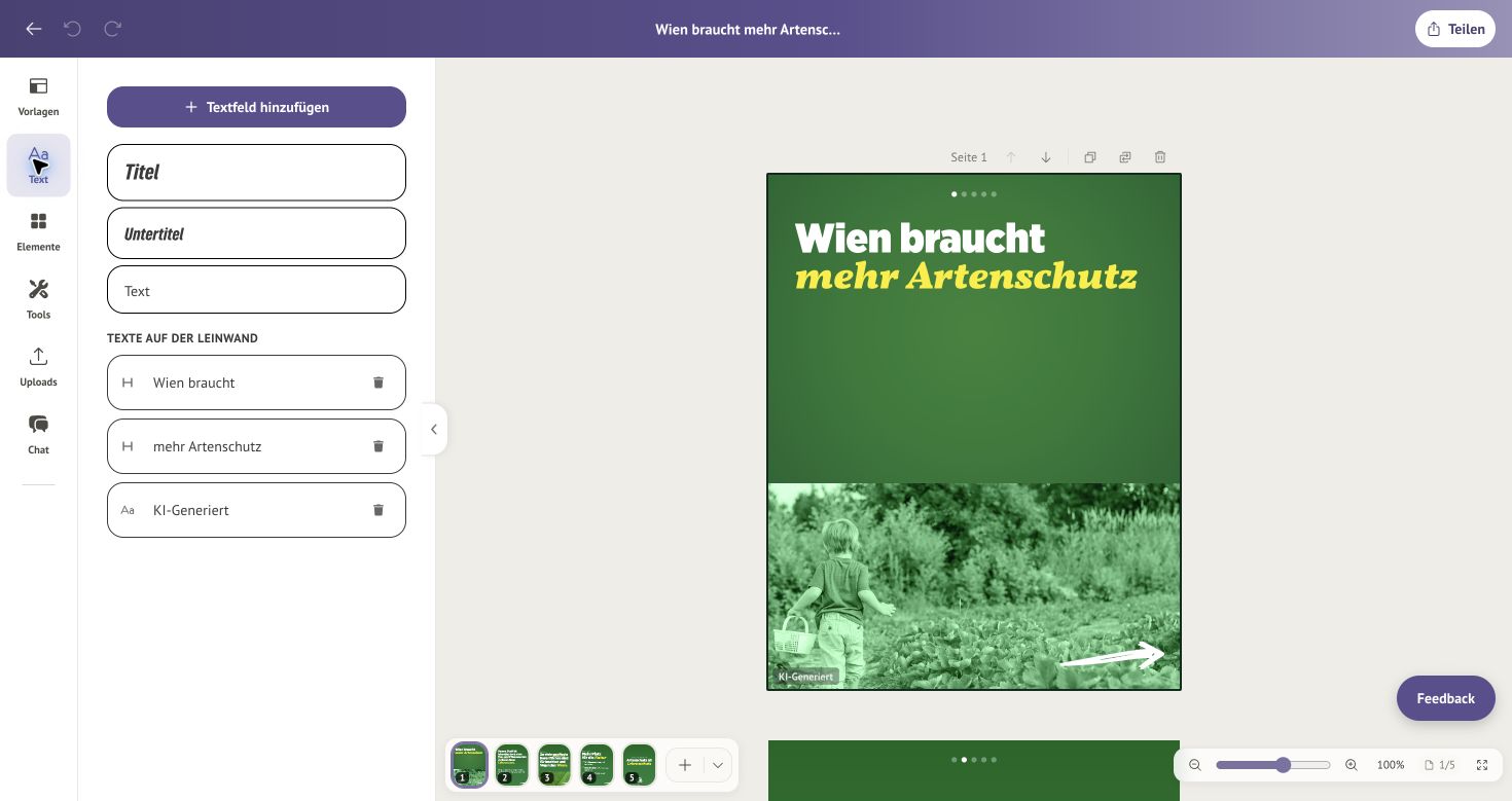 Geöffneter Bereich Text mit den vorhandenen Textfeldern und der ersten Karussell-Seite